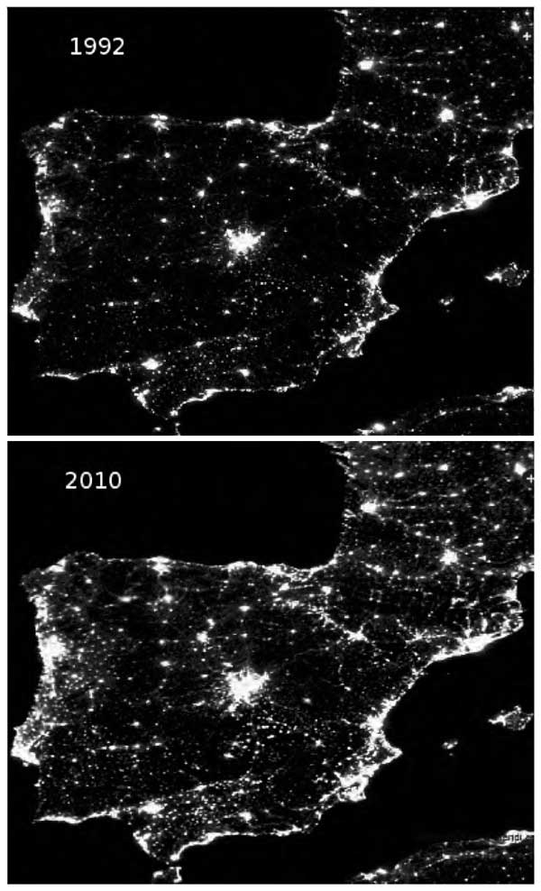 Comparativa del cielo nocturno de España en 1992 y 2010